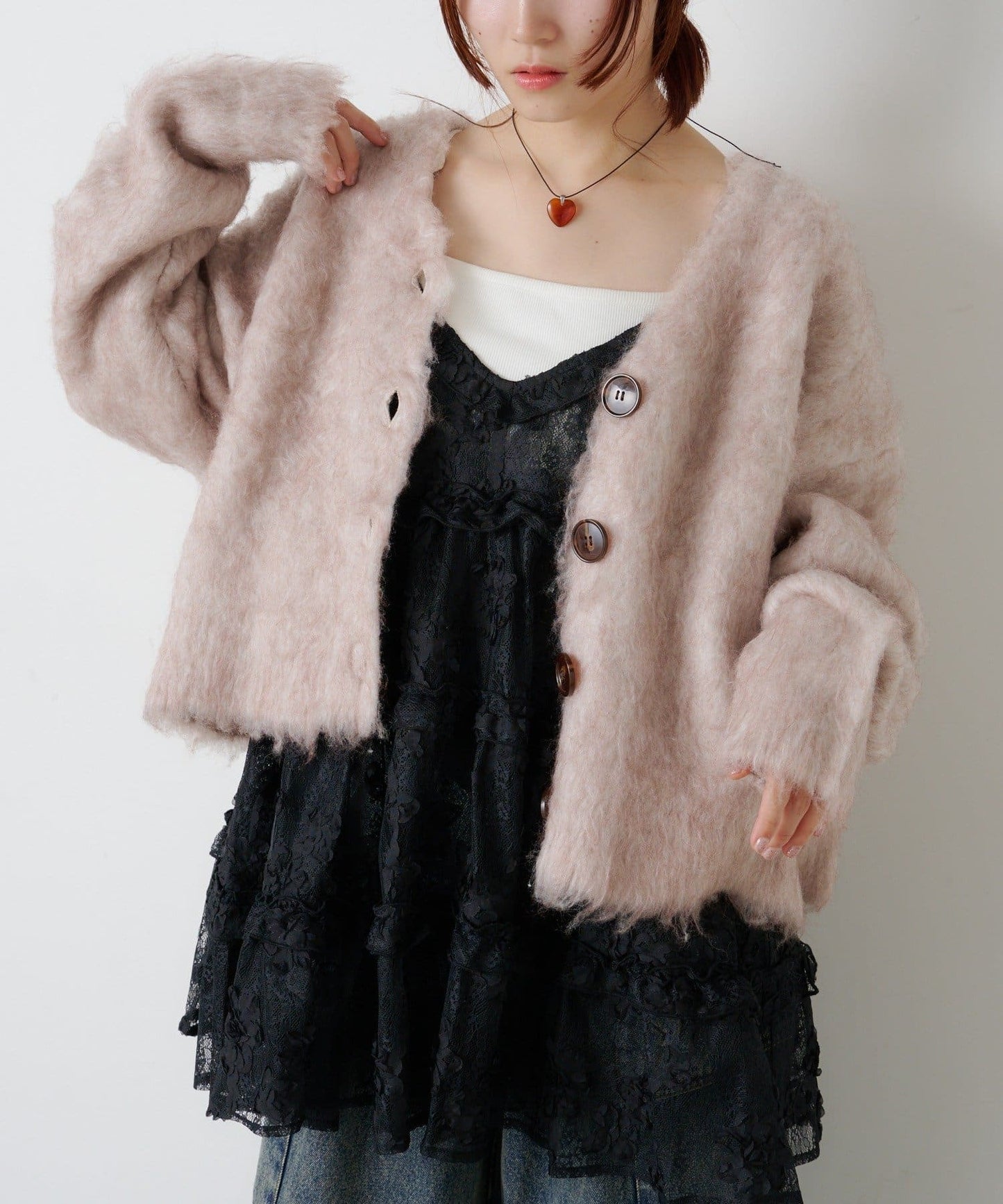 w closet MIX shaggy BIG button cardigan