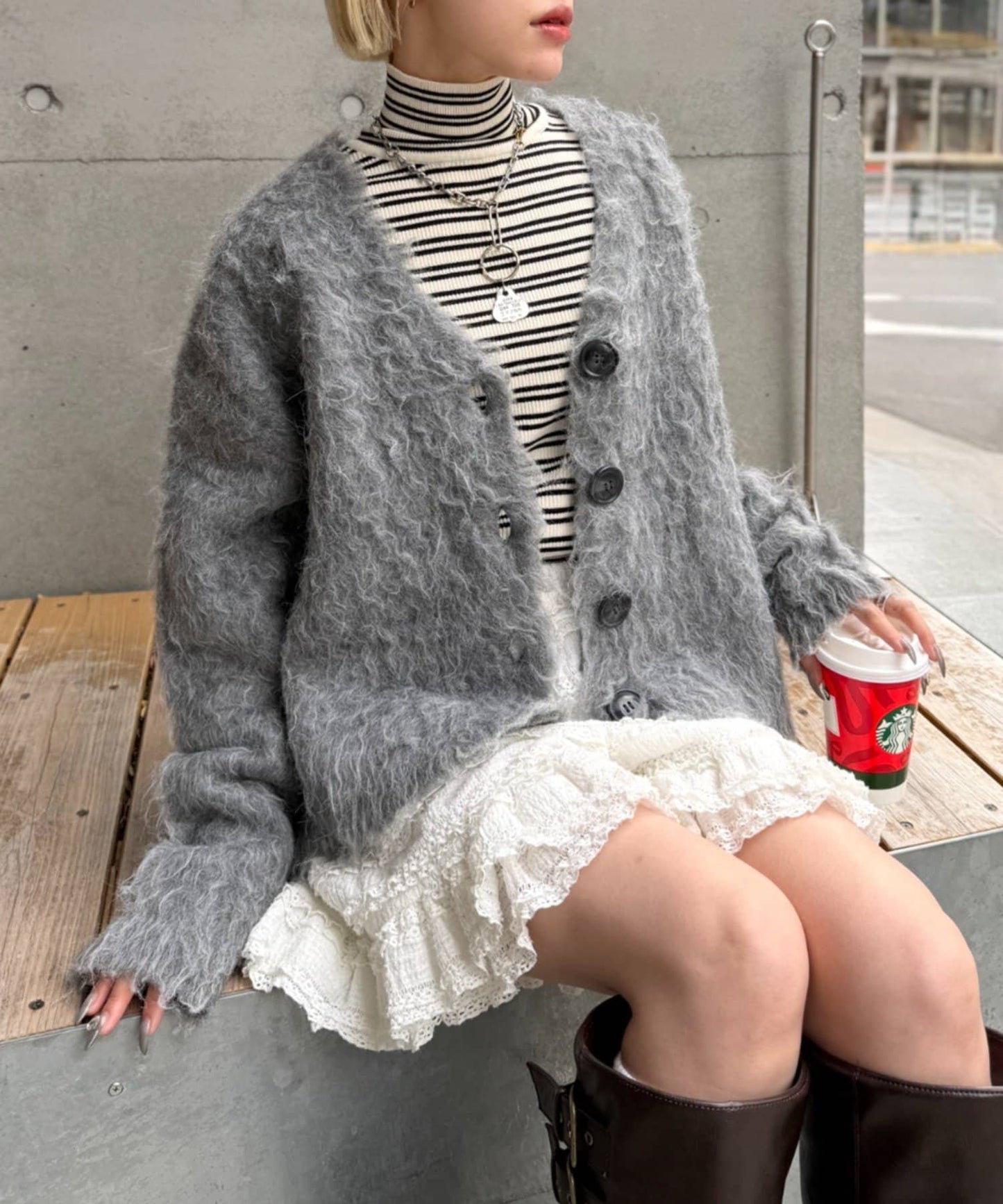 w closet MIX shaggy BIG button cardigan