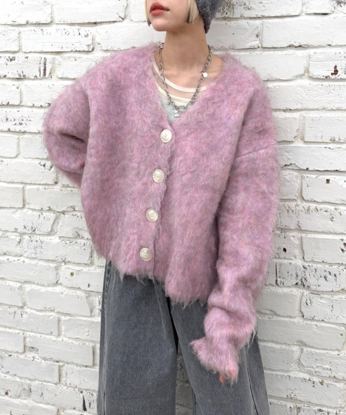 w closet MIX shaggy BIG button cardigan