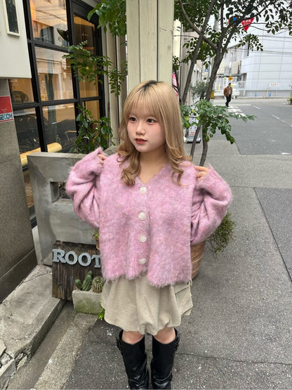 w closet MIX shaggy BIG button cardigan