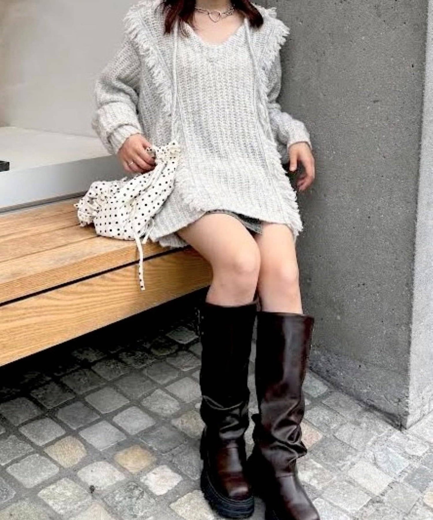 w closet 連帽流蘇混紡針織衫