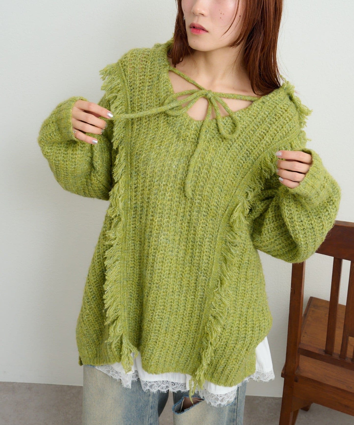 w closet 連帽流蘇混紡針織衫