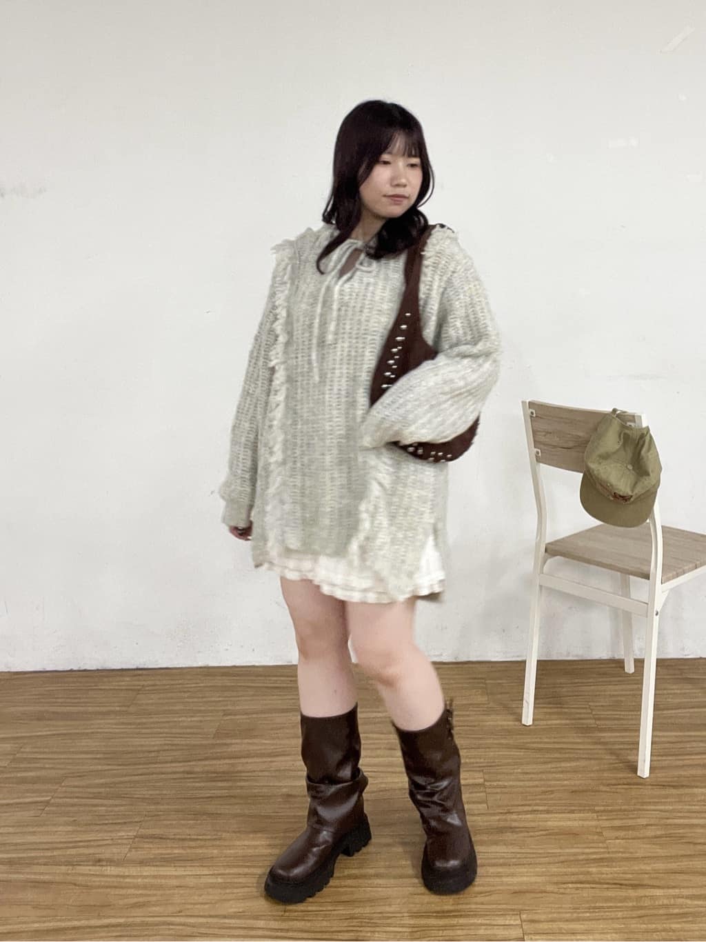 w closet 連帽流蘇混紡針織衫