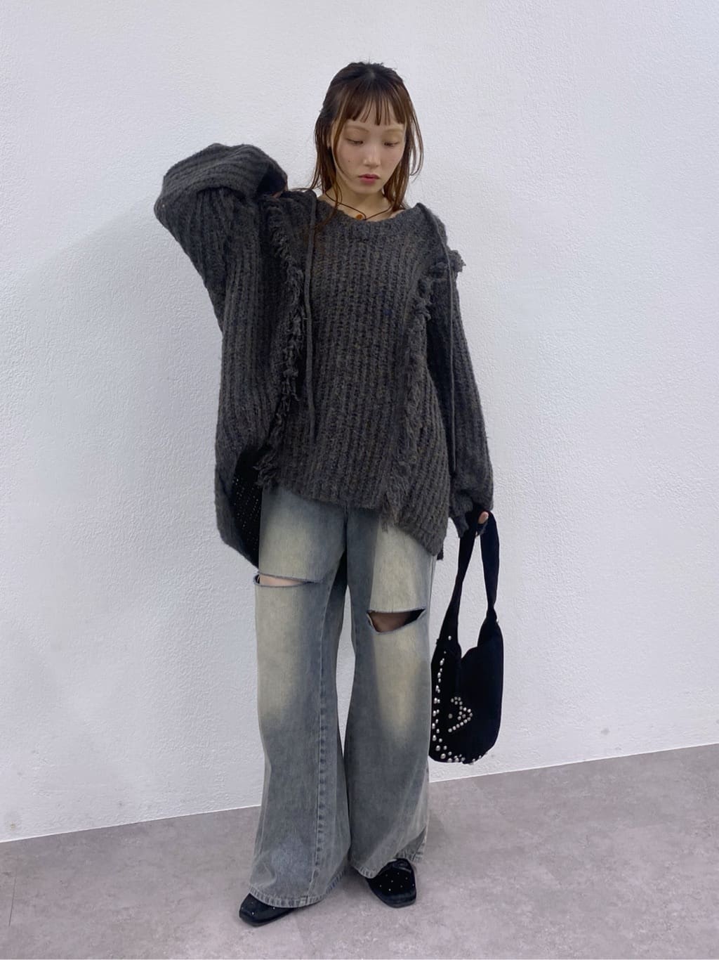 w closet 連帽流蘇混紡針織衫