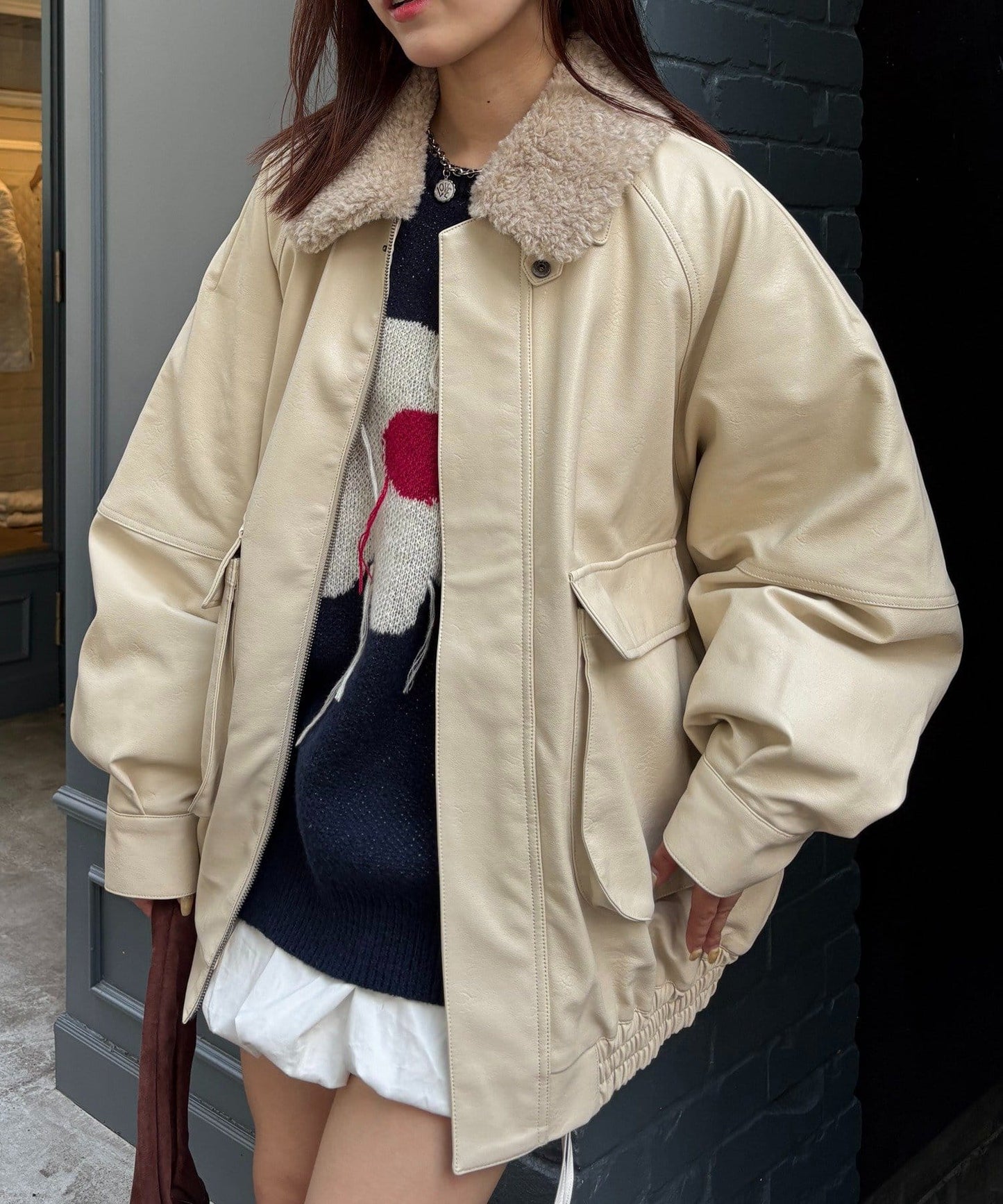 w closet 可拆毛毛領口仿皮外套