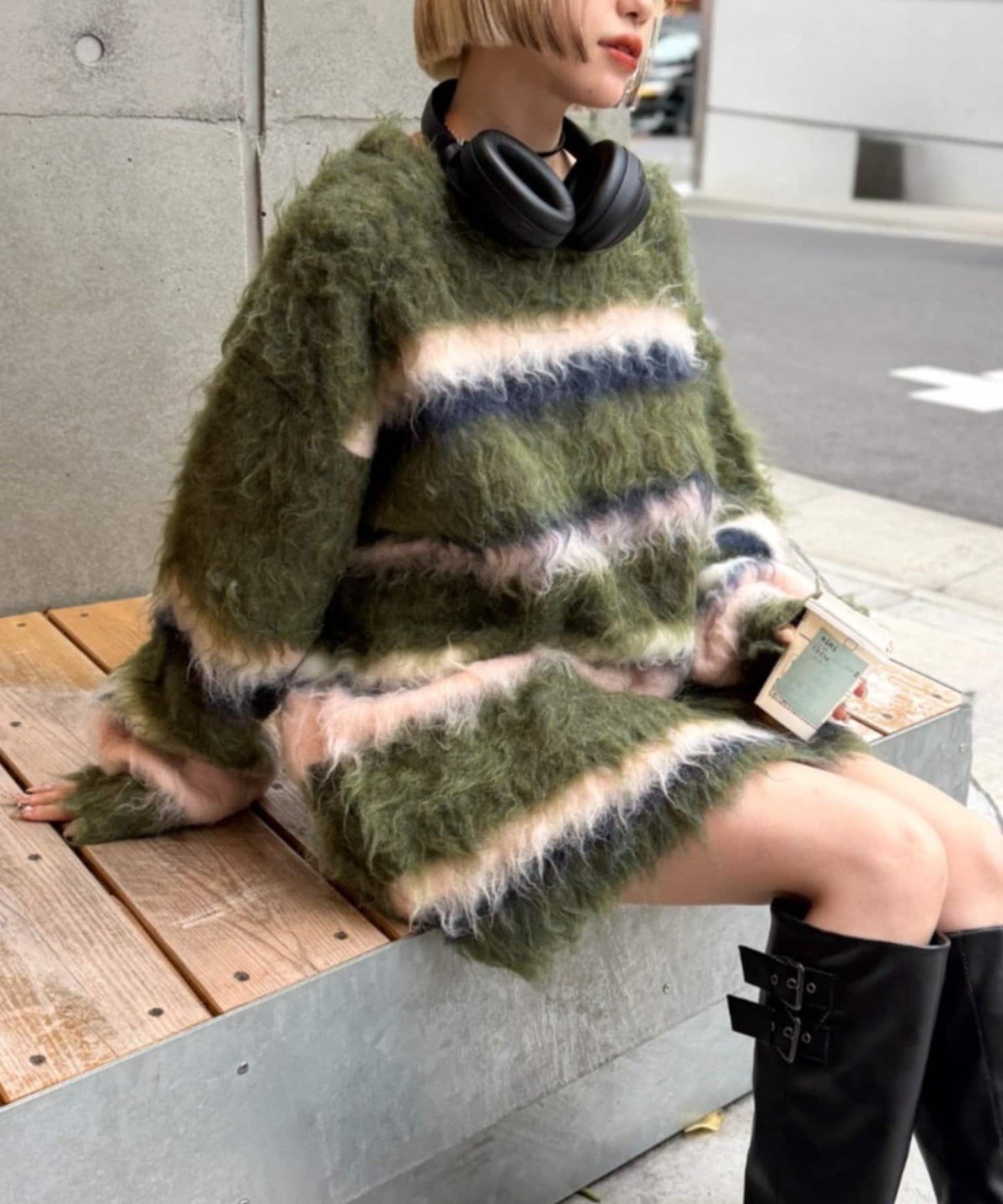 [長/短Version] w closet Border shaggy knit