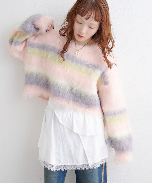 [長/短Version] w closet Border shaggy knit