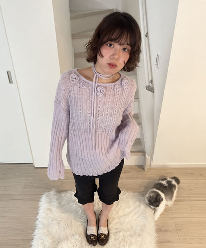 umm. By Discoat Flower motif mohair-like loose knit - Image 36