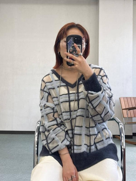 KBF sheer check feather knit