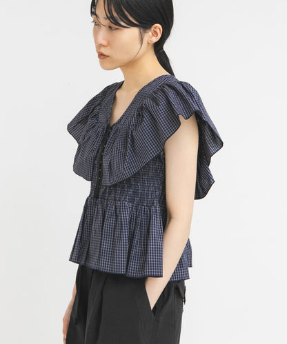 KBF Front hook check ruffle blouse - Image 19