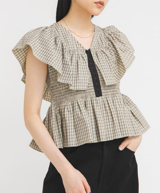 KBF Front hook check ruffle blouse - Image 2