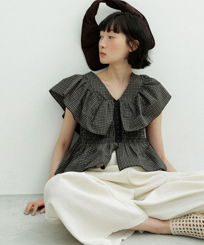 KBF Front hook check ruffle blouse - Image 33