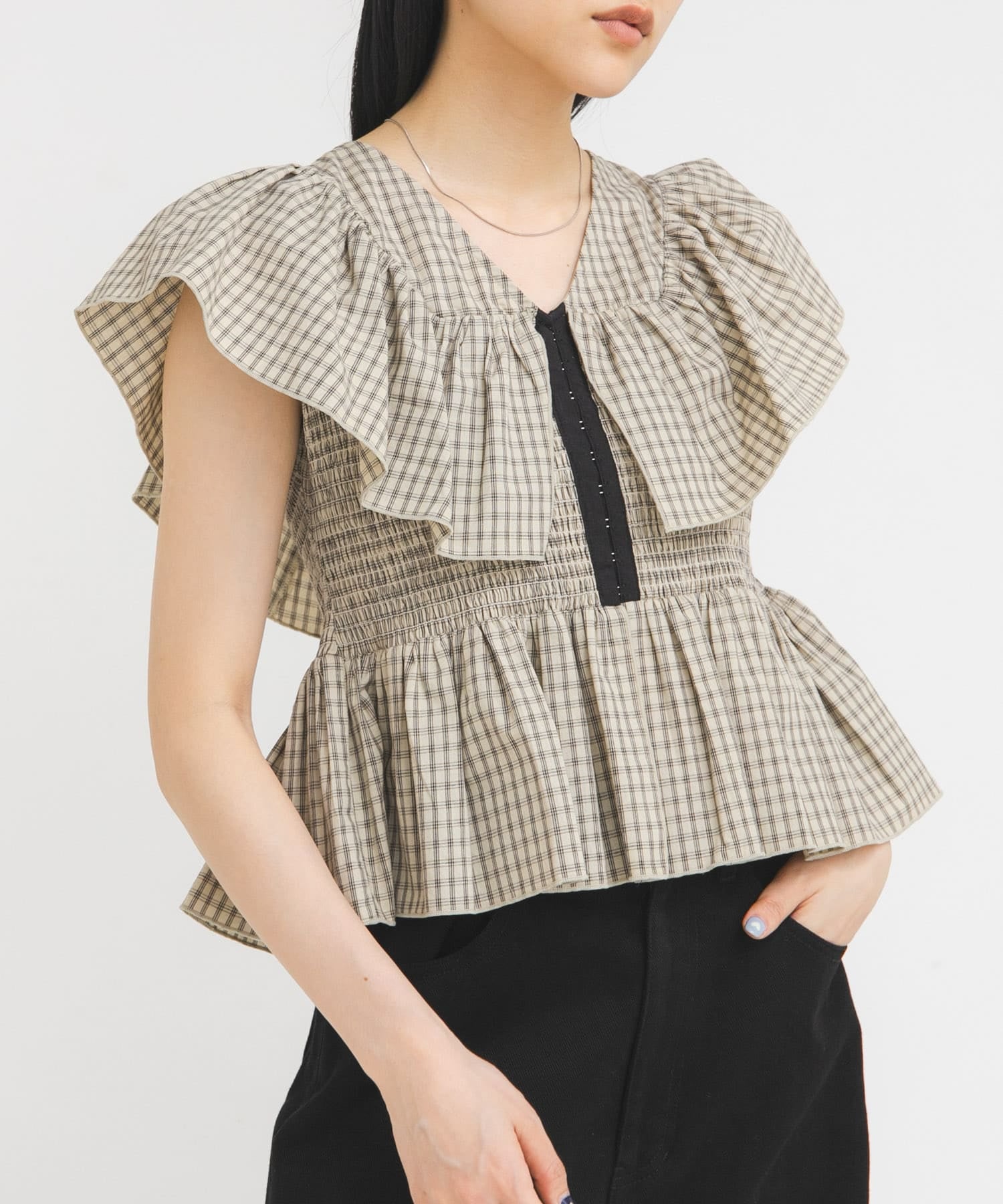 KBF Front hook check ruffle blouse - Image 34