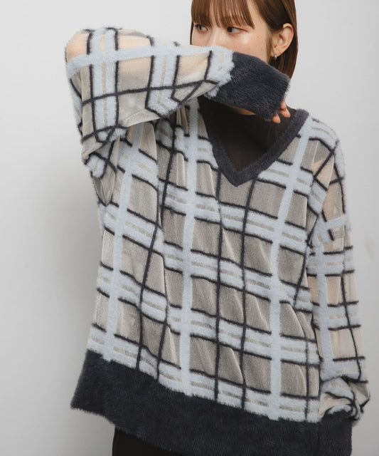 KBF sheer check feather knit