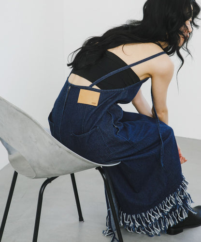 KBF 流蘇牛仔吊帶連身裙