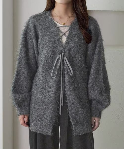 apres jour clair Shaggy lace-up knit cardigan