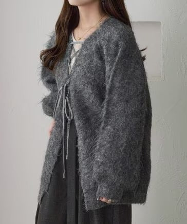 apres jour clair Shaggy lace-up knit cardigan
