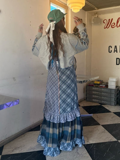 HELLO.SANFRANCISCO 透視格紋拼接吊帶連身裙