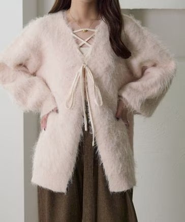 apres jour clair Shaggy lace-up knit cardigan