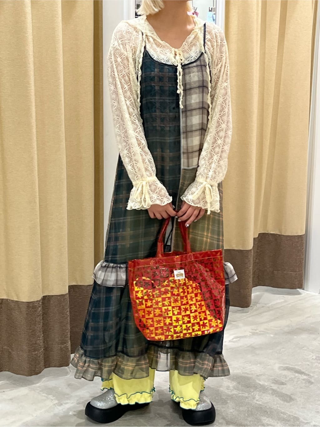 HELLO.SANFRANCISCO 透視格紋拼接吊帶連身裙