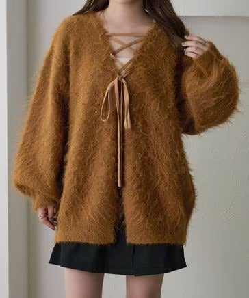 apres jour clair Shaggy lace-up knit cardigan