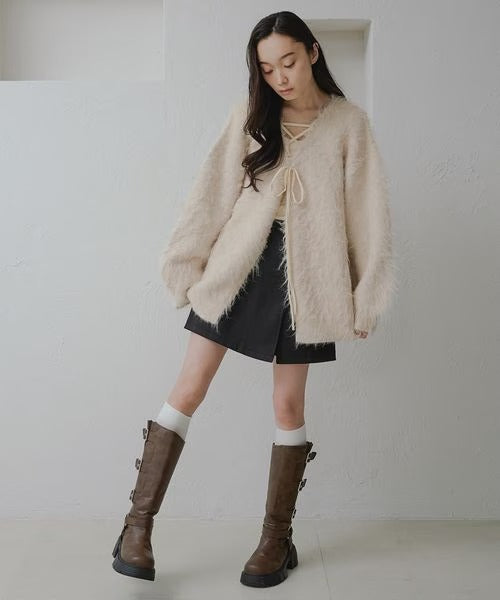 apres jour clair Shaggy lace-up knit cardigan