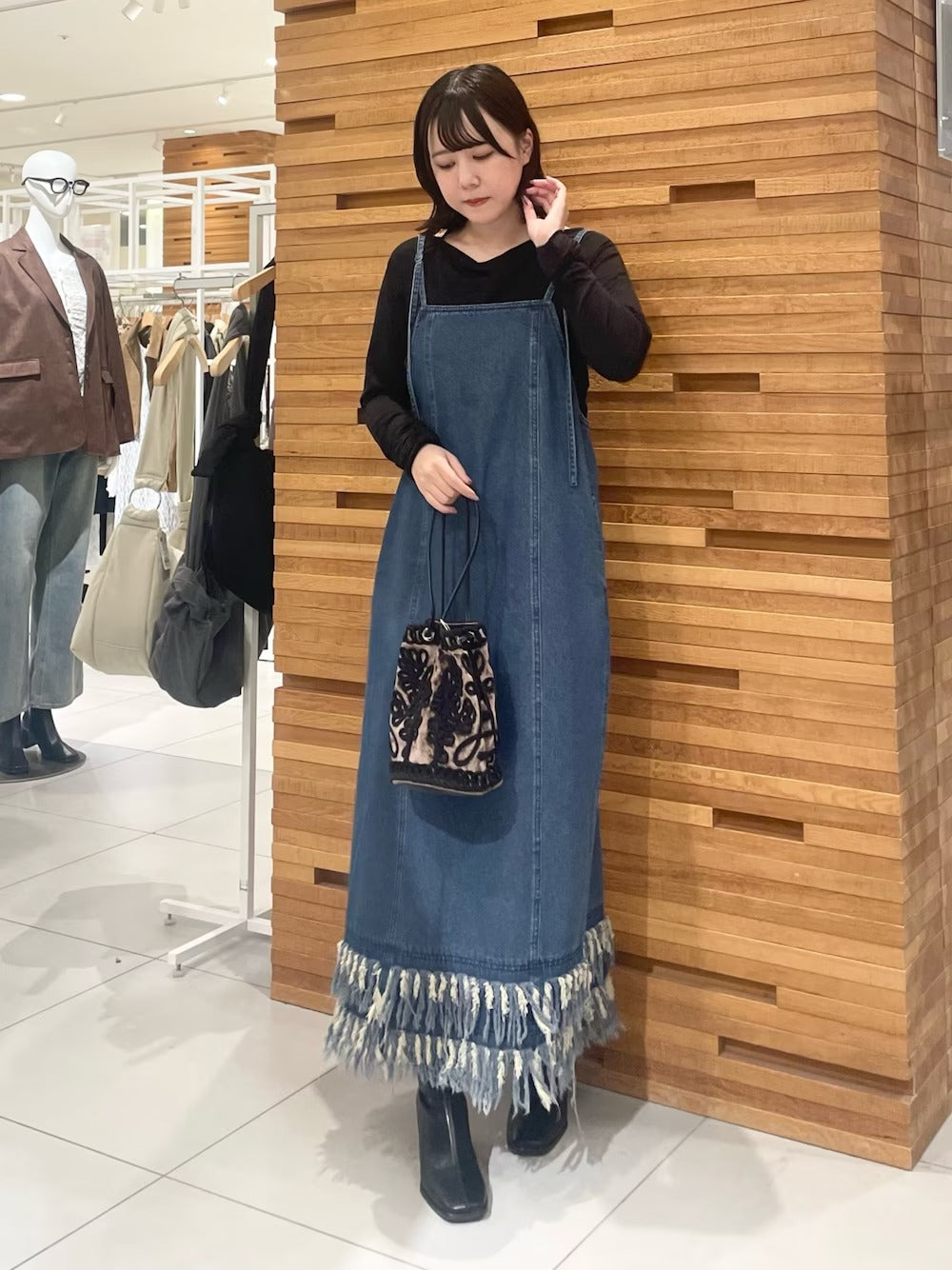 KBF 流蘇牛仔吊帶連身裙