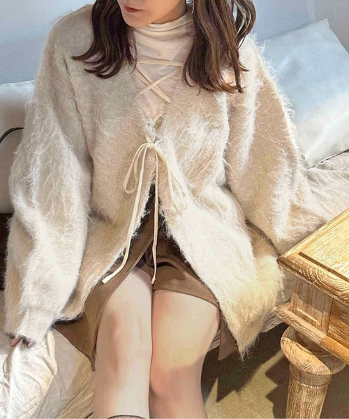 apres jour clair Shaggy lace-up knit cardigan