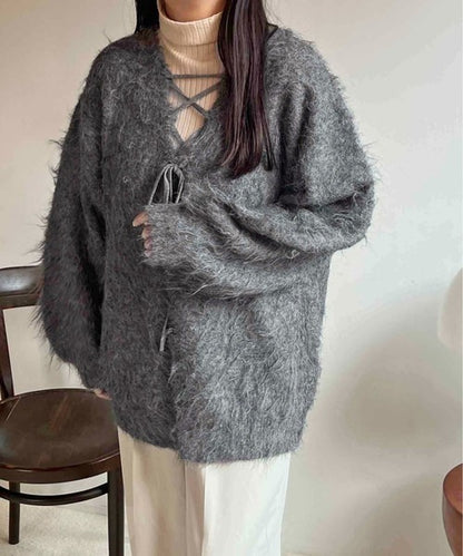 apres jour clair Shaggy lace-up knit cardigan