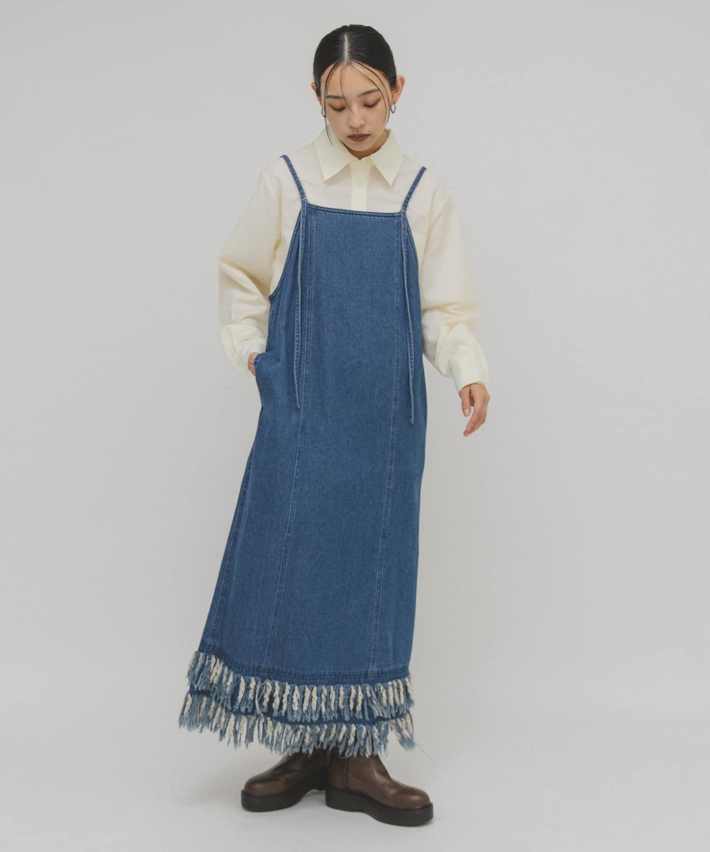 KBF 流蘇牛仔吊帶連身裙