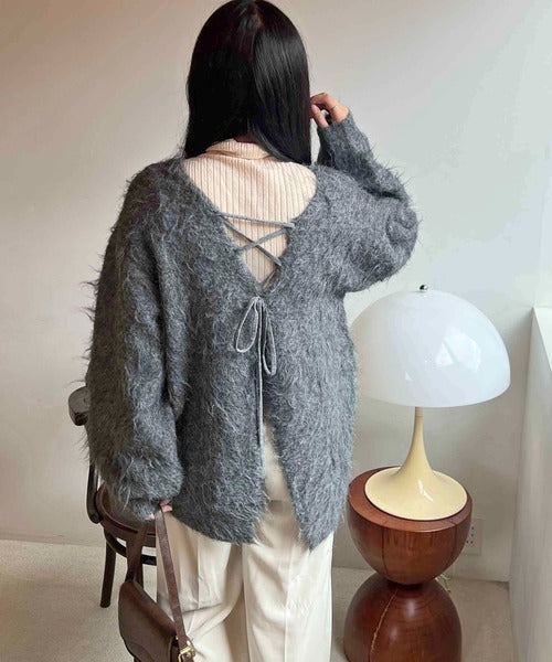 apres jour clair Shaggy lace-up knit cardigan