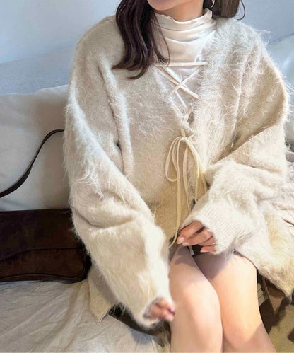 apres jour clair Shaggy lace-up knit cardigan