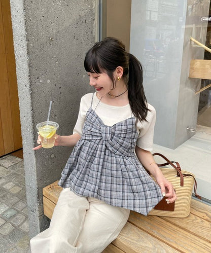 Hinari 格紋蝴蝶結吊帶背心