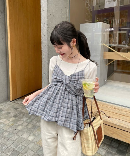 Hinari 格紋蝴蝶結吊帶背心