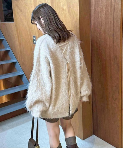 apres jour clair Shaggy lace-up knit cardigan
