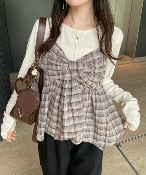 Hinari 格紋蝴蝶結吊帶背心