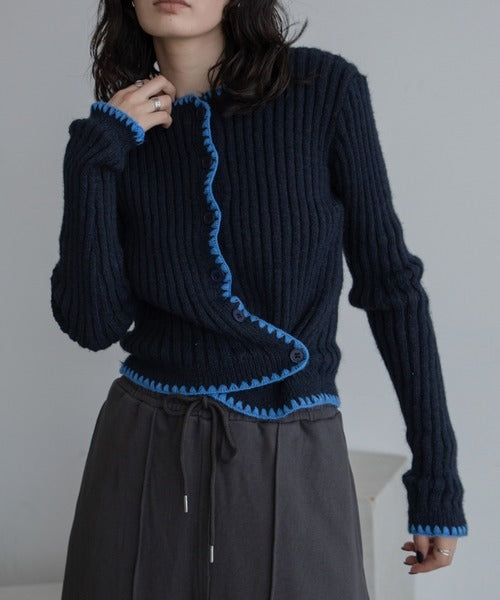 Vacancy 波浪羅紋拼色針織Cardigan