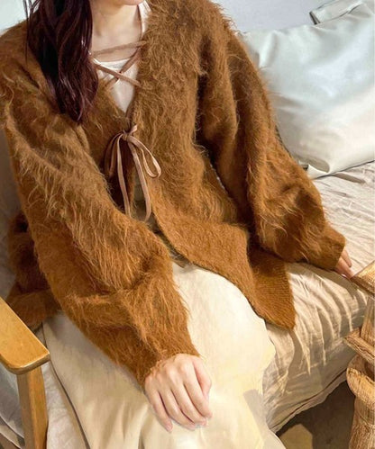 apres jour clair Shaggy lace-up knit cardigan