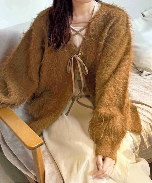 apres jour clair Shaggy lace-up knit cardigan