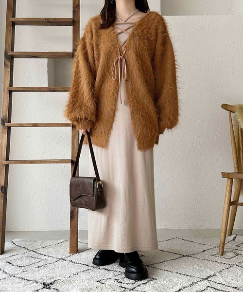 apres jour clair Shaggy lace-up knit cardigan