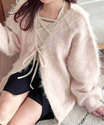 apres jour clair Shaggy lace-up knit cardigan