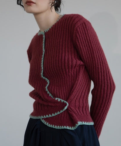 Vacancy 波浪羅紋拼色針織Cardigan