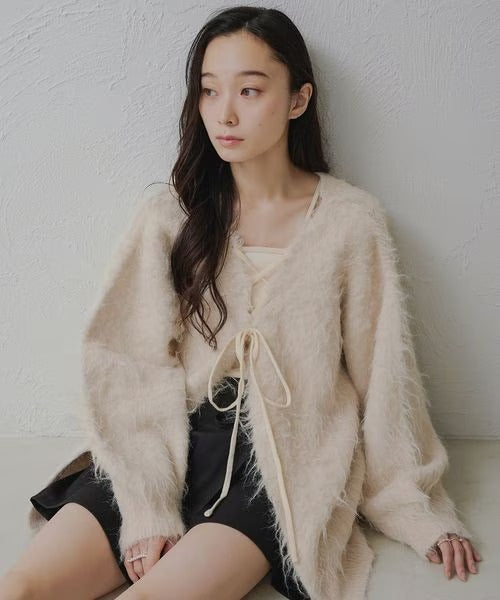 apres jour clair Shaggy lace-up knit cardigan