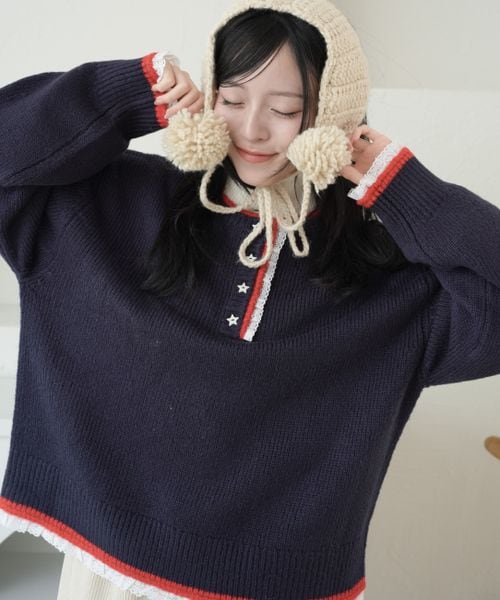配色レースヘンリーネックニット