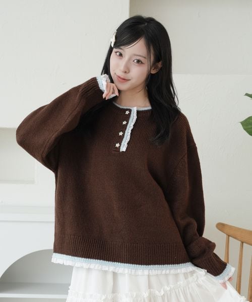 配色レースヘンリーネックニット
