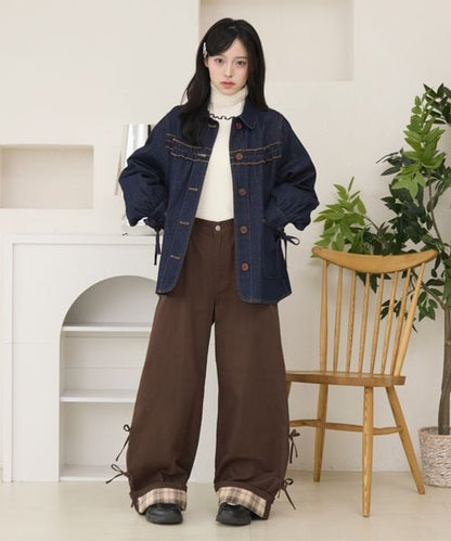ロールアップチェックリボンワイドパンツ