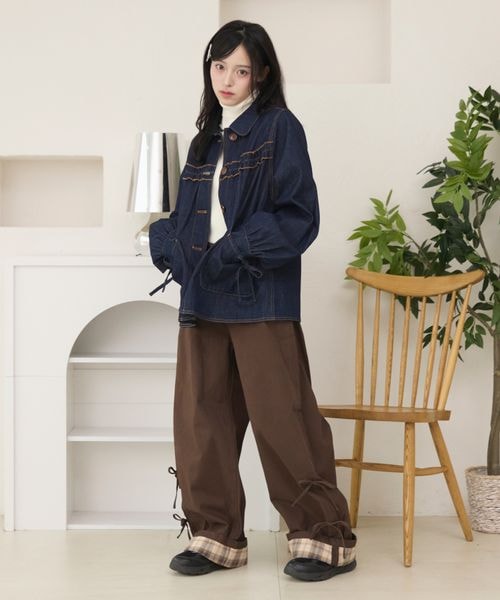 ロールアップチェックリボンワイドパンツ