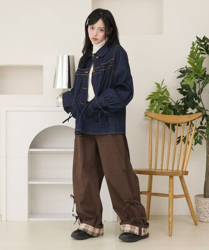 ロールアップチェックリボンワイドパンツ