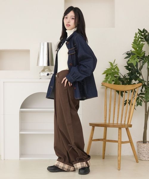ロールアップチェックリボンワイドパンツ