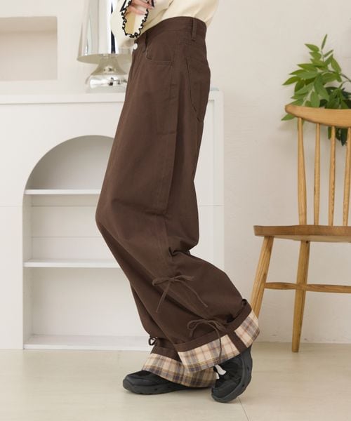 ロールアップチェックリボンワイドパンツ
